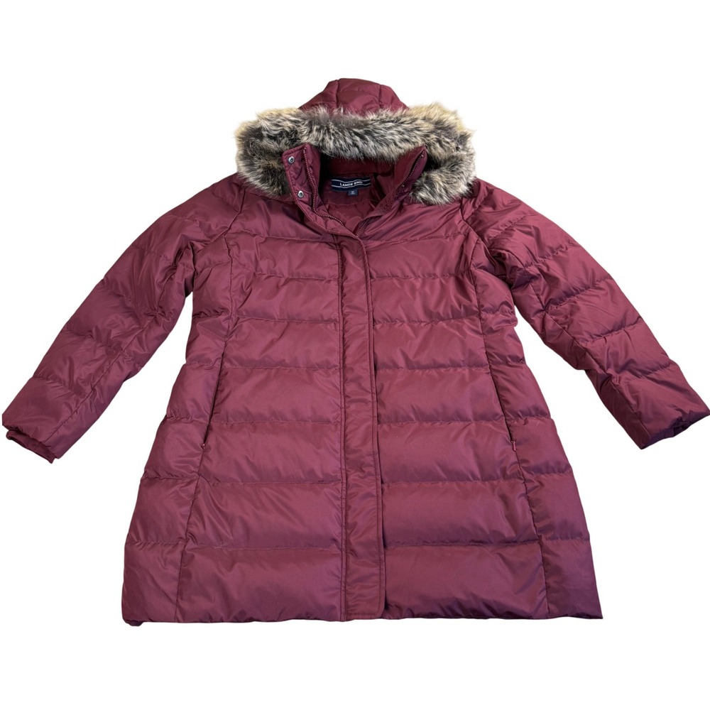 Lands' End Faux Fur Trim Down Puffer Parka Burgundy XL 18 Winter Coat Commuter